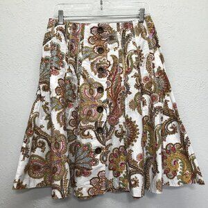 Cabi Skirt Size 6 White Paisley Pleated A-Line Button Pull-On Cotton Peasant 861